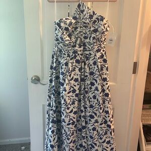Floral Blue and White Strapless Dress